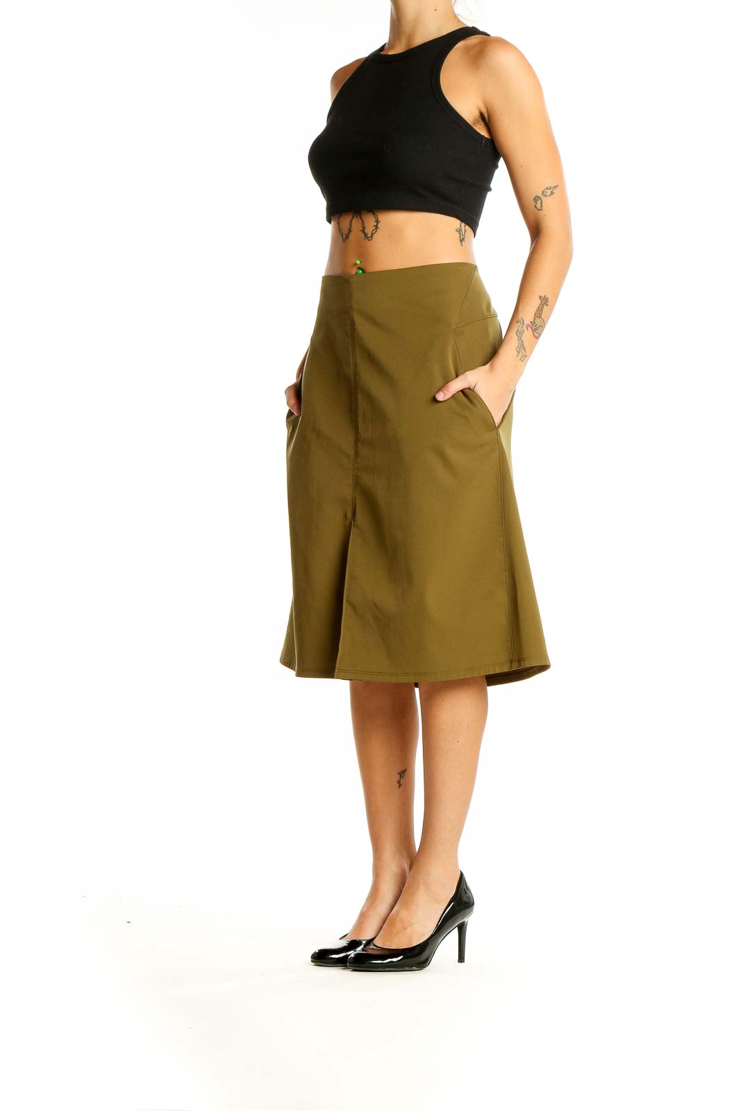 Front view of Nau olive A-line midi skirt with front slit