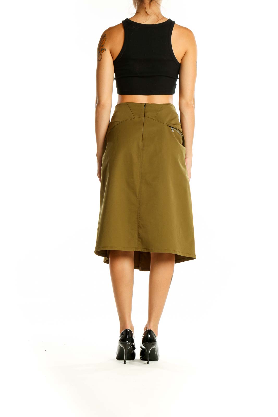 Back view of Nau olive A-line midi skirt with zipper closure