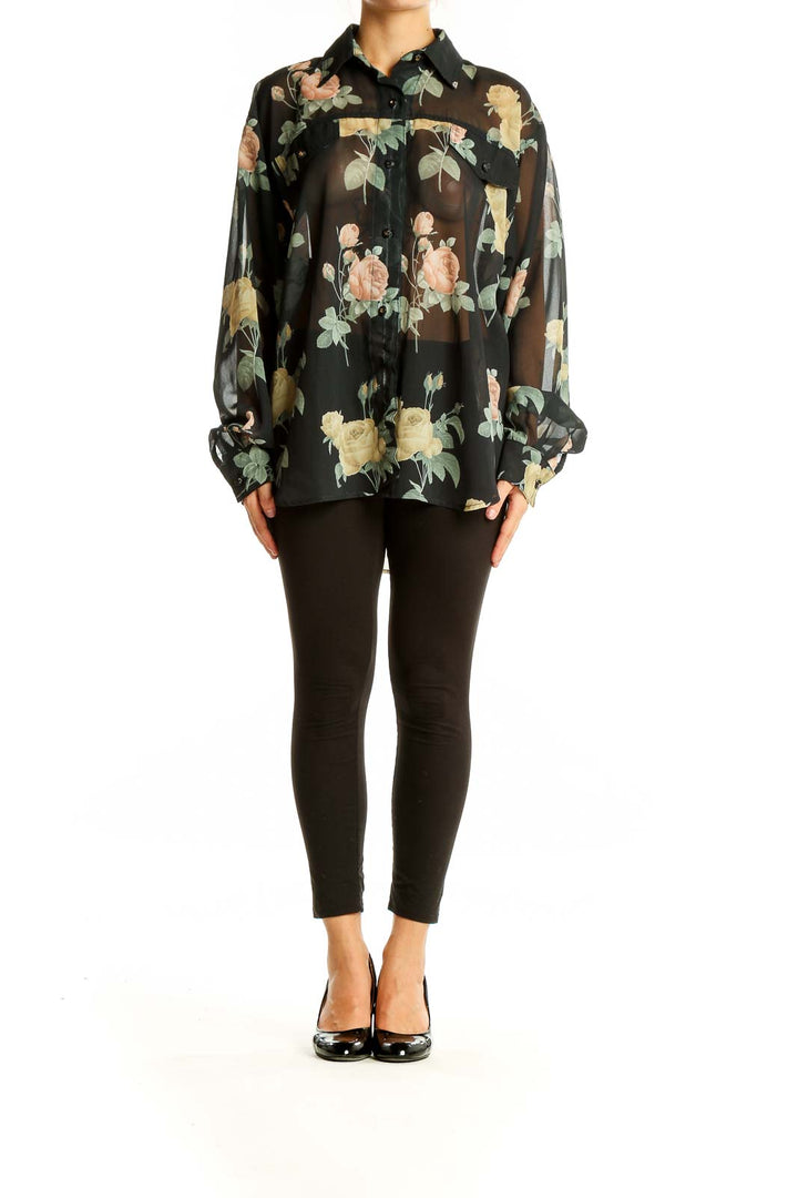 Front view of Opal By Lorraine Wardy black sheer floral button-up blouse