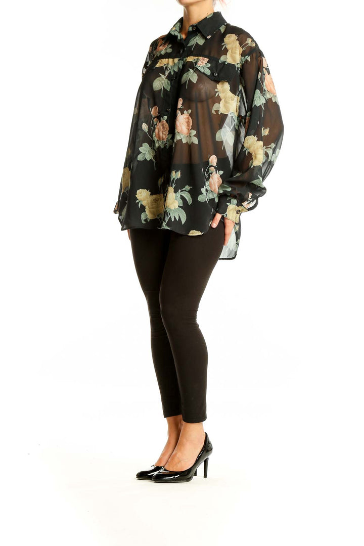 Front view of Opal By Lorraine Wardy black sheer floral button-up blouse