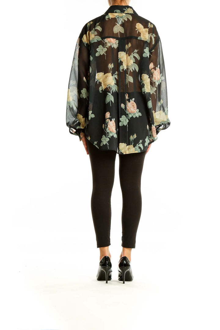 Back view of Opal By Lorraine Wardy black sheer floral button-up blouse