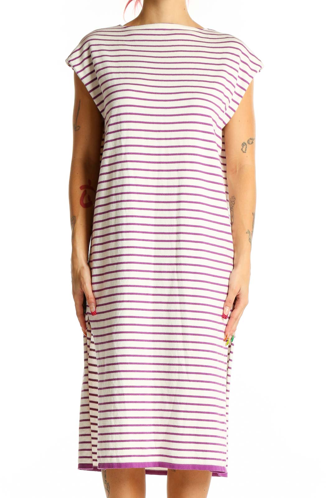 Front view of SilkRoll White and Purple Striped Cotton Midi Dress with boat neck