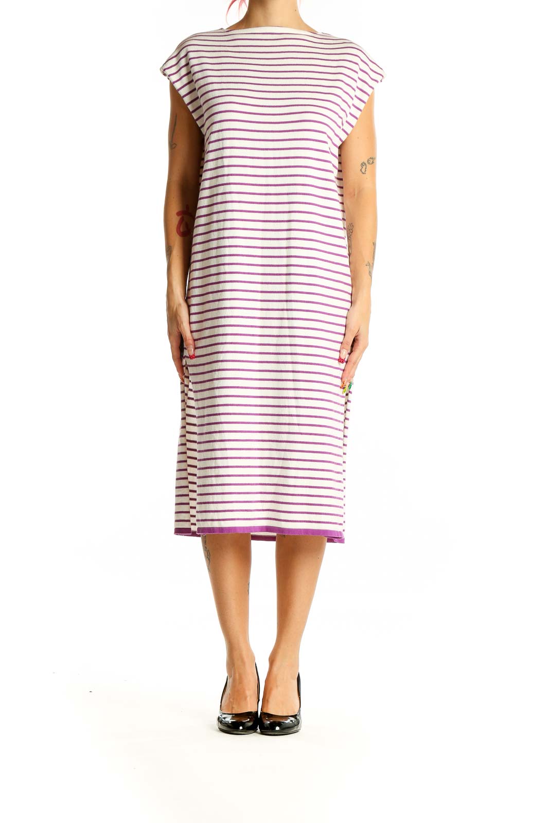 Front view of SilkRoll White and Purple Striped Cotton Midi Dress with boat neck