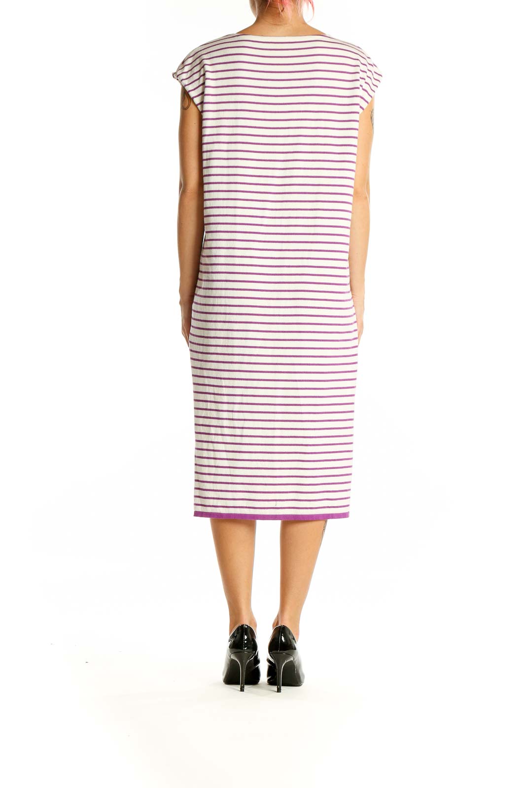 Back view of SilkRoll White and Purple Striped Cotton Midi Dress showing full length