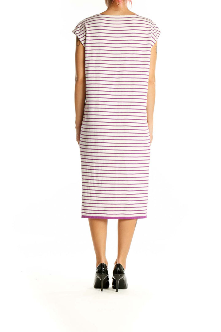 Back view of SilkRoll White and Purple Striped Cotton Midi Dress showing full length