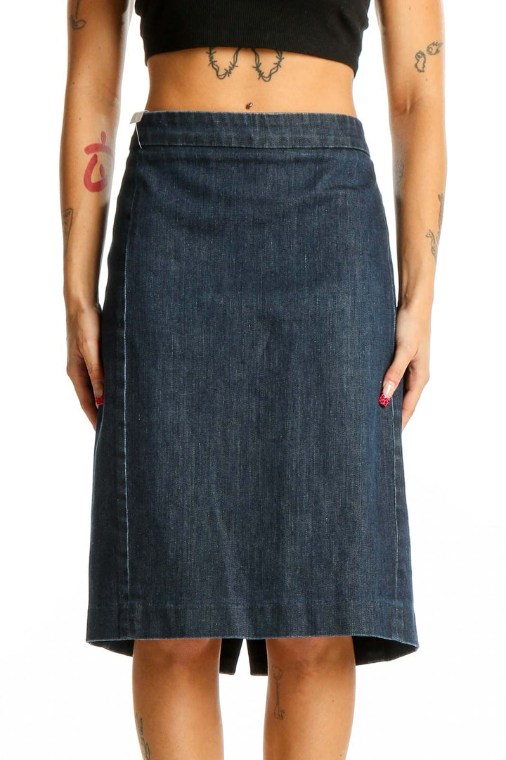 Front view of J.Crew dark blue denim A-line midi skirt