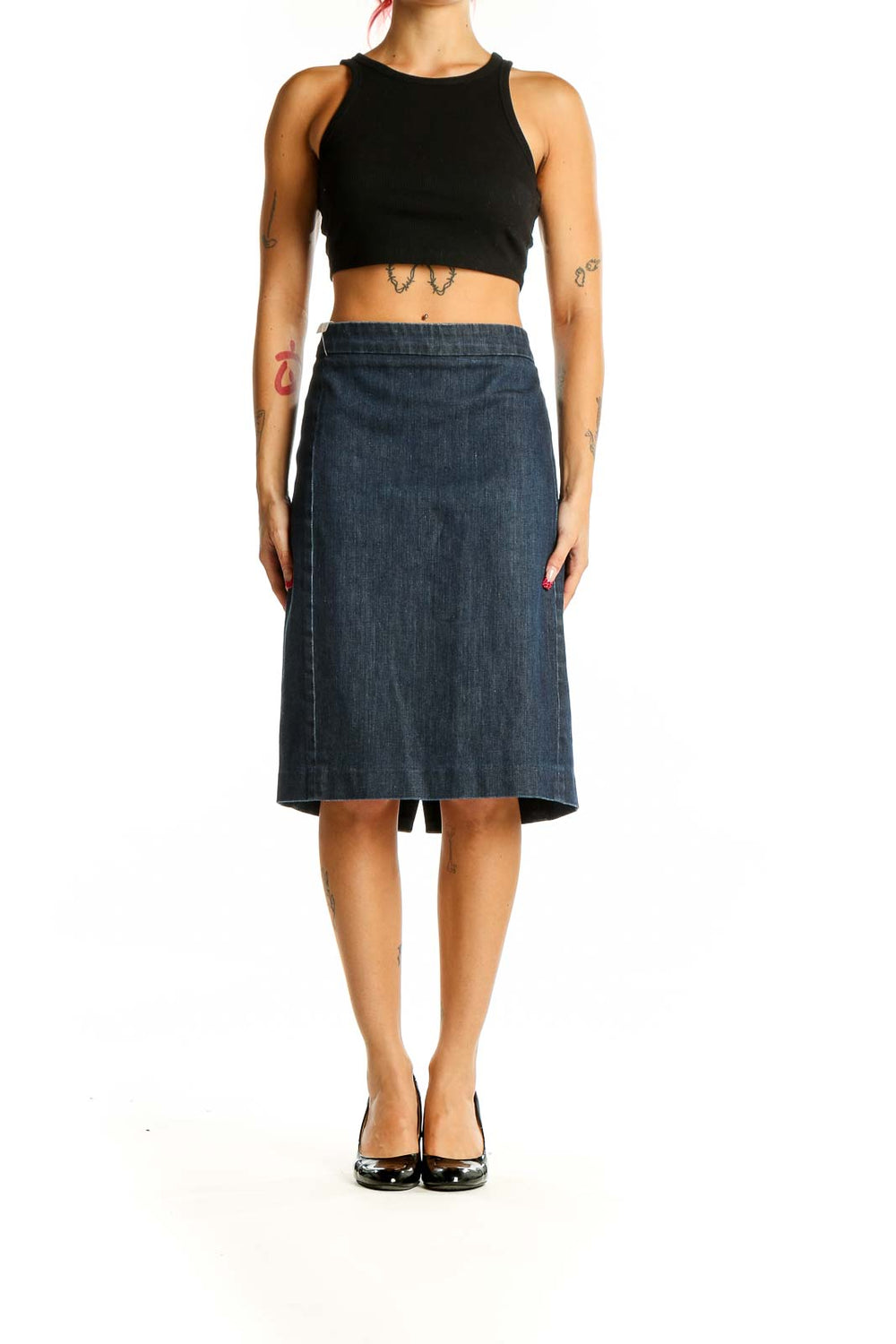 Front view of J.Crew dark blue denim A-line midi skirt