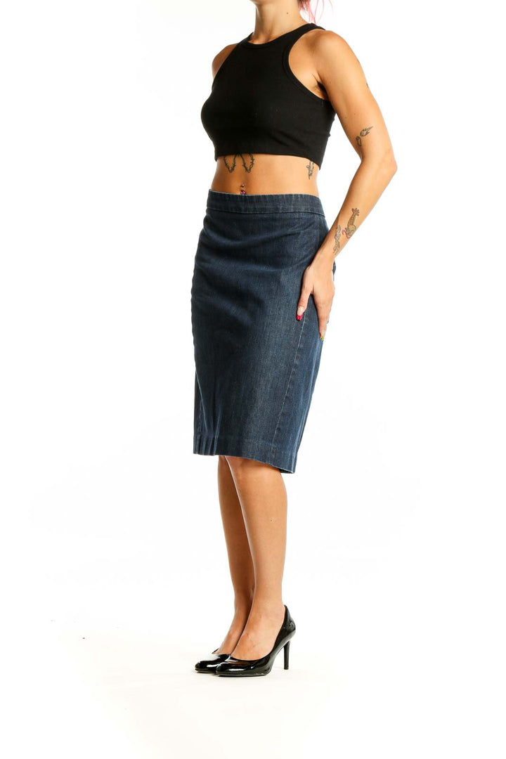 Front view of J.Crew dark blue denim A-line midi skirt