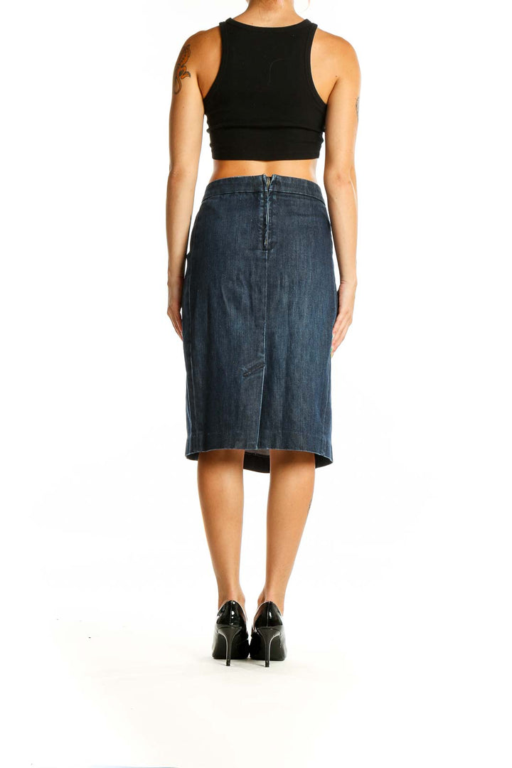 Back view of J.Crew dark blue denim A-line midi skirt with zipper closure