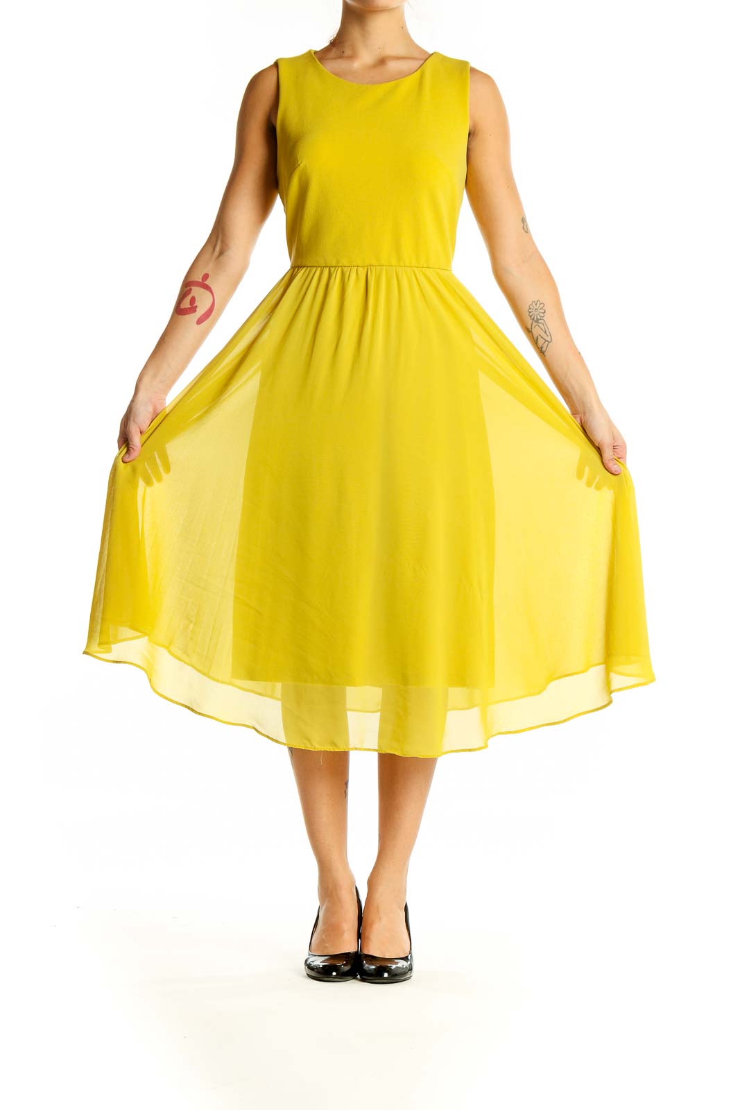 Front view of Shelby & Palmer yellow sleeveless midi dress with A-line silhouette