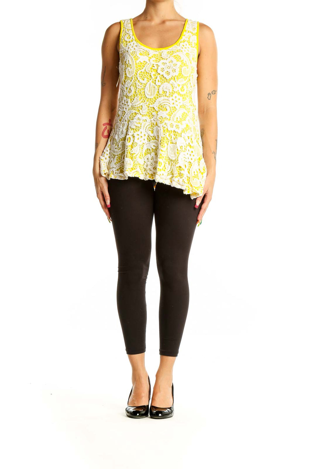 Front view of Meadow Rue Yellow Floral Lace Peplum Tank Top with white lace overlay