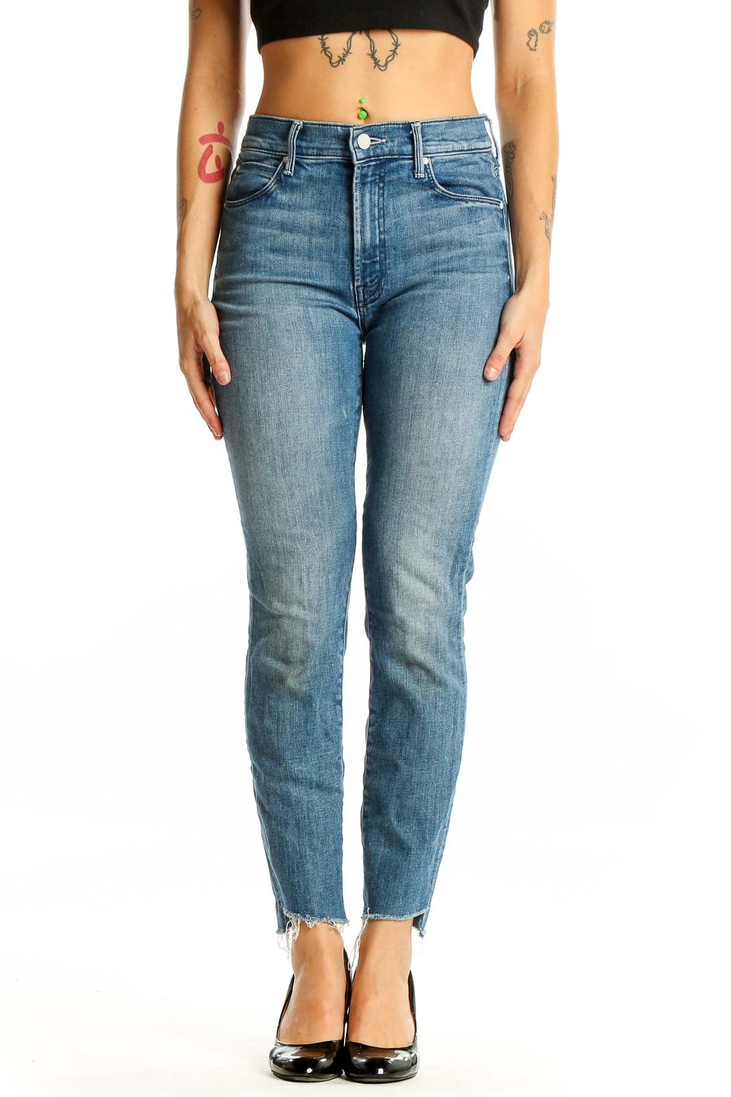 Front view of Mother blue high-rise skinny jeans with raw hem