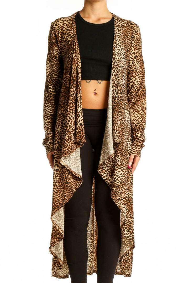 Front view of Cecico leopard print long cardigan with waterfall collar