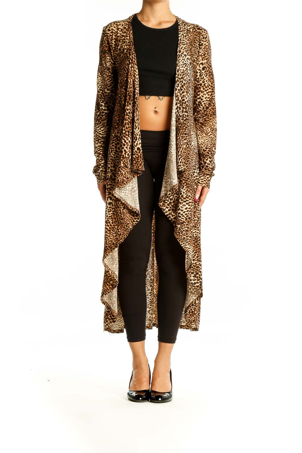 Front view of Cecico leopard print long cardigan with waterfall collar