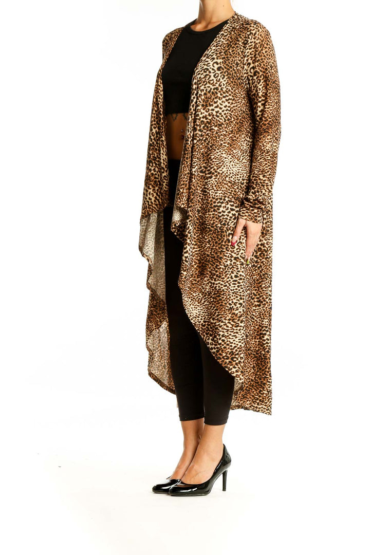 Front view of Cecico leopard print long cardigan with waterfall collar