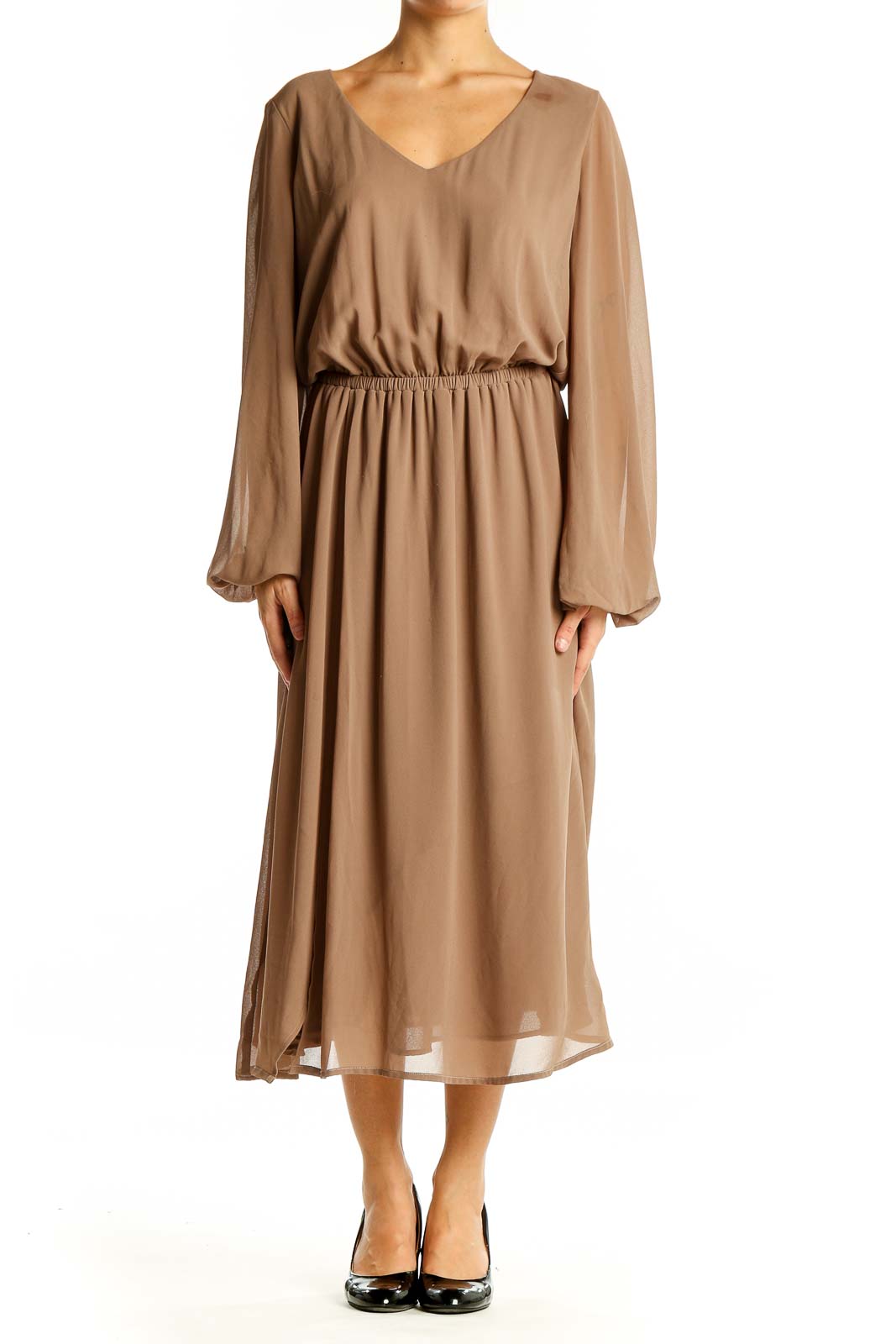 Front view of tan flowy long sleeve midi dress by Show Me Your Mumu