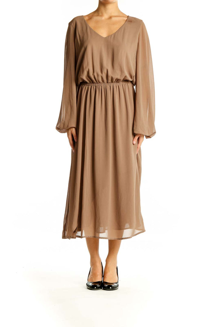 Front view of tan flowy long sleeve midi dress by Show Me Your Mumu