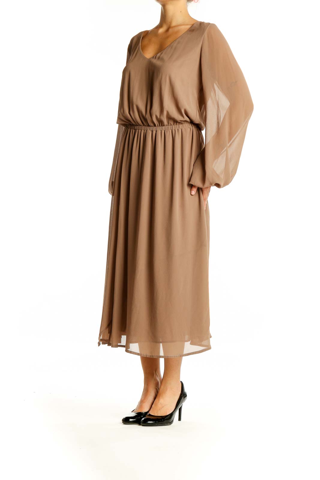 Front view of tan flowy long sleeve midi dress by Show Me Your Mumu