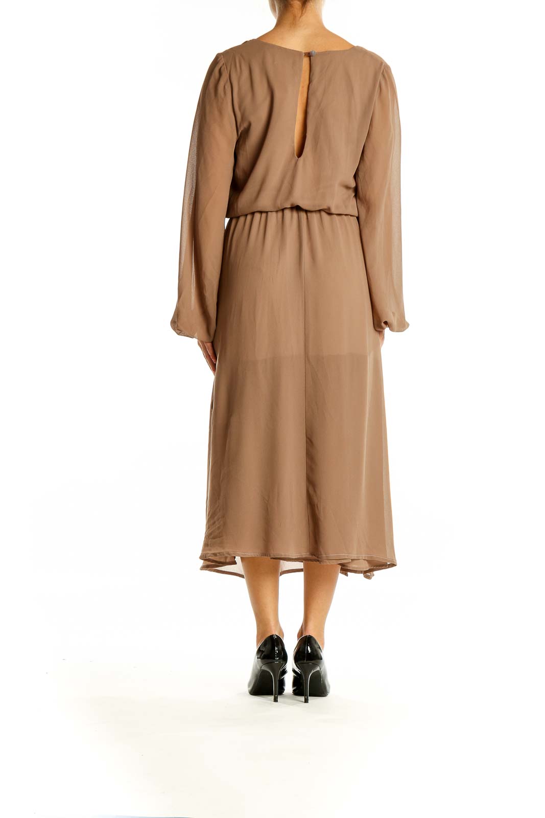 Back view of tan flowy long sleeve midi dress by Show Me Your Mumu