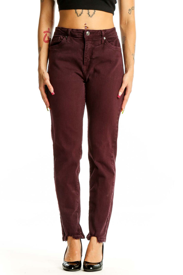 Front view of burgundy high-waisted straight leg jeans from Just Black