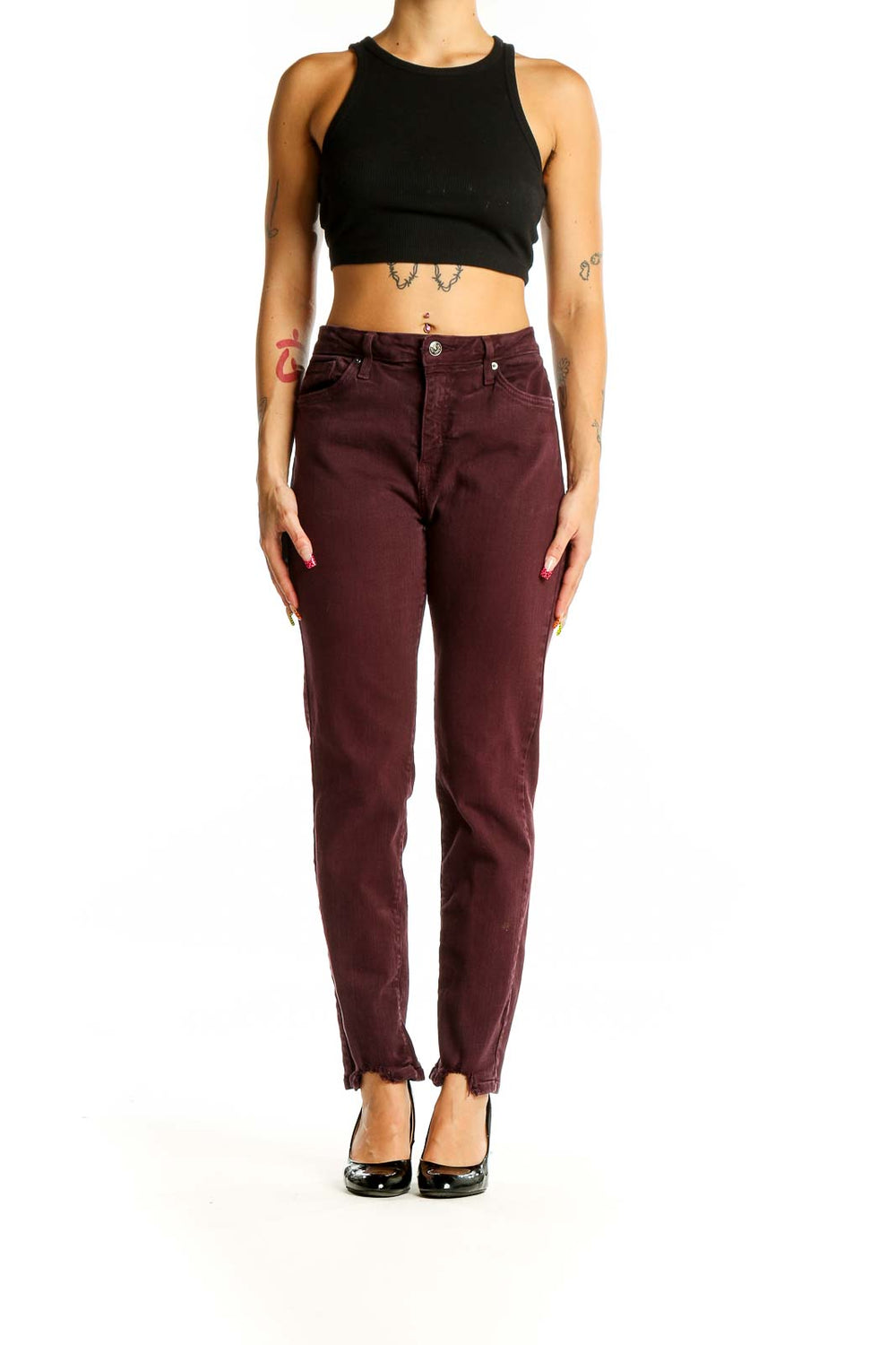 Front view of burgundy high-waisted straight leg jeans from Just Black