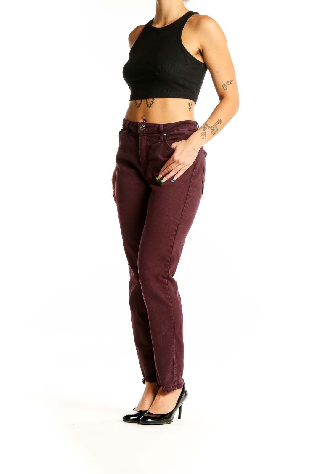 Front view of burgundy high-waisted straight leg jeans from Just Black