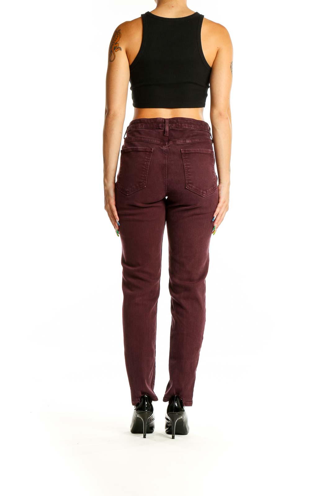 Back view of burgundy high-waisted straight leg jeans from Just Black showing pocket design