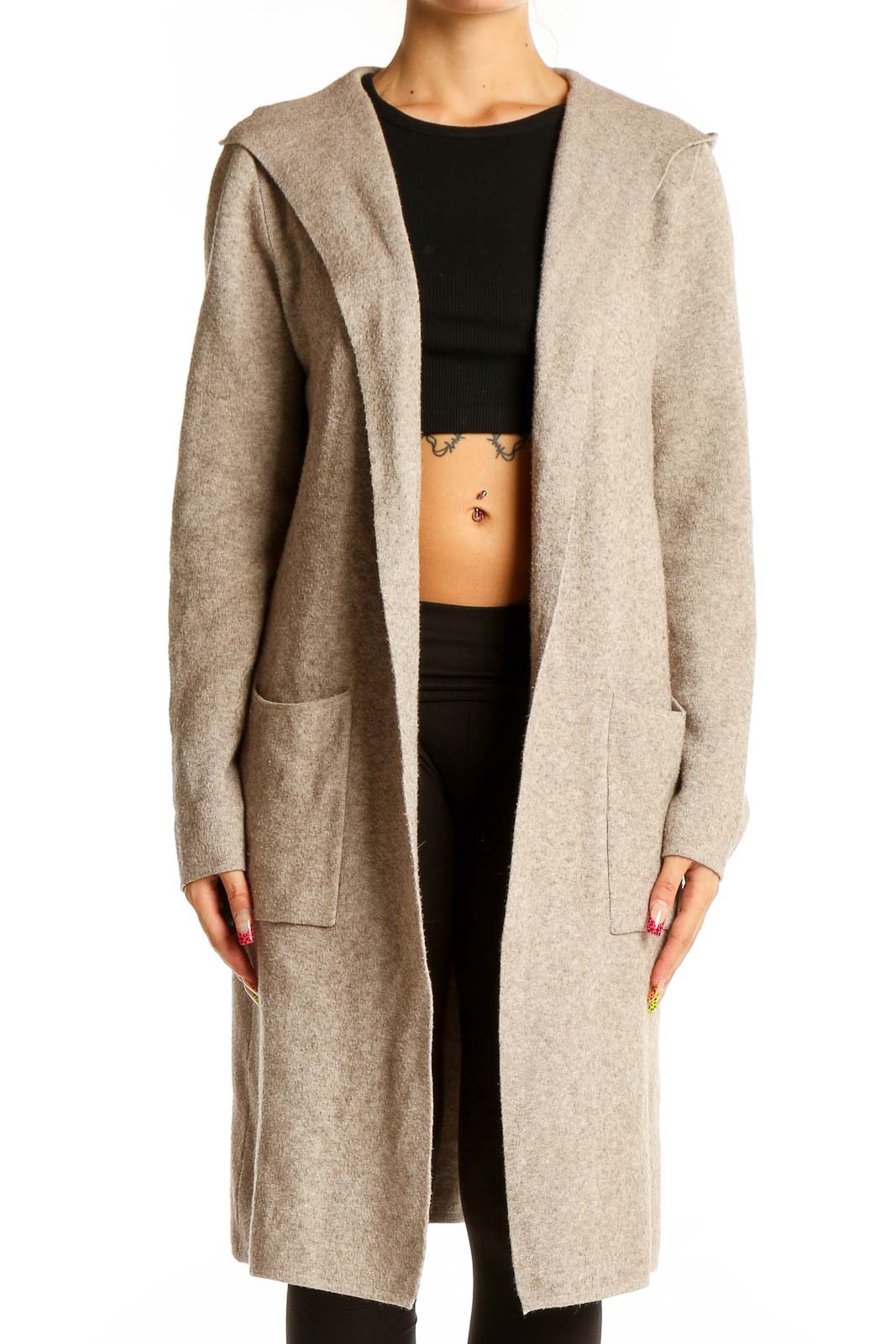 Front view of Korye beige hooded long cardigan with open front and pockets