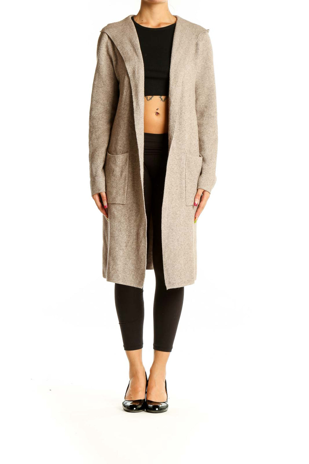 Front view of Korye beige hooded long cardigan with open front and pockets