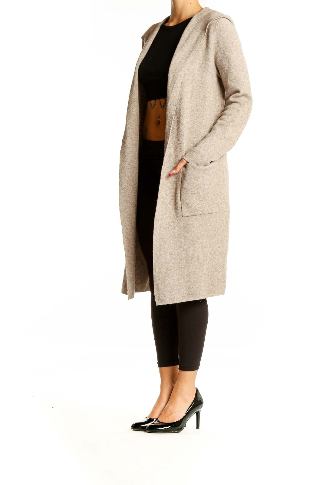 Front view of Korye beige hooded long cardigan with open front and pockets