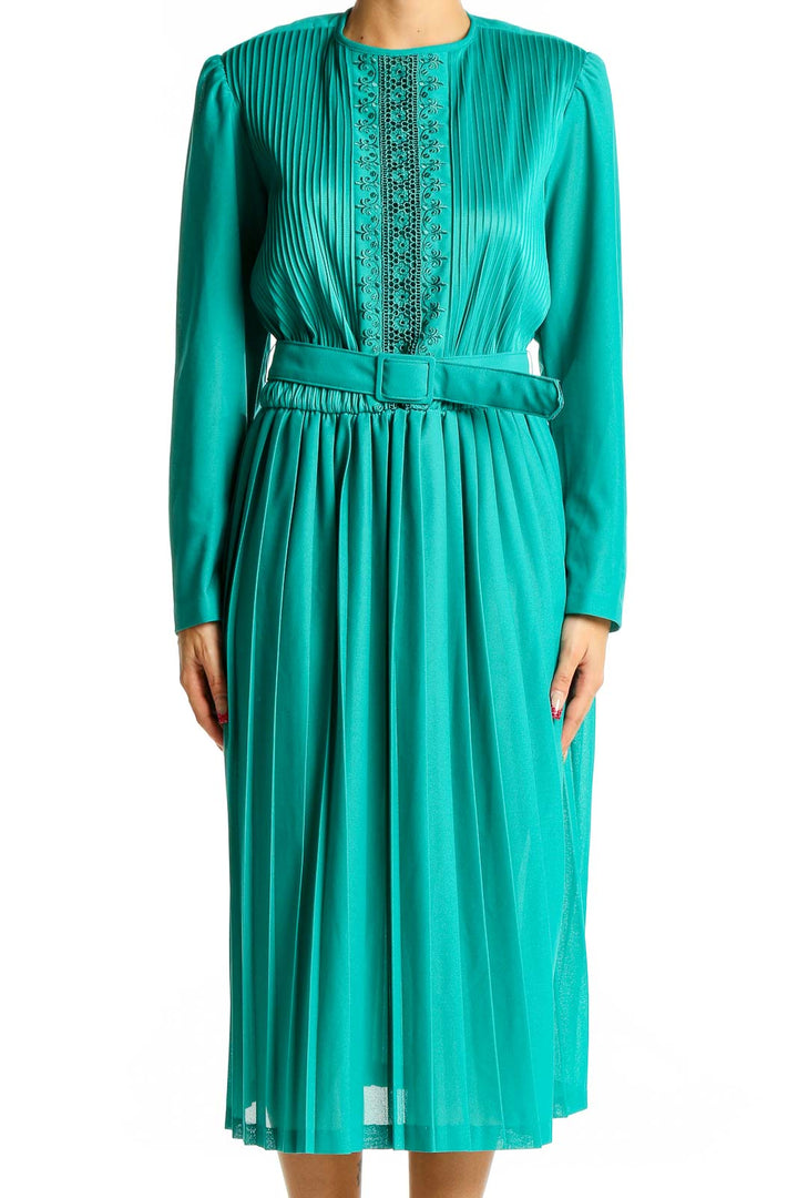 Front view of teal Jennifer Gee pleated midi dress with lace bodice and belt