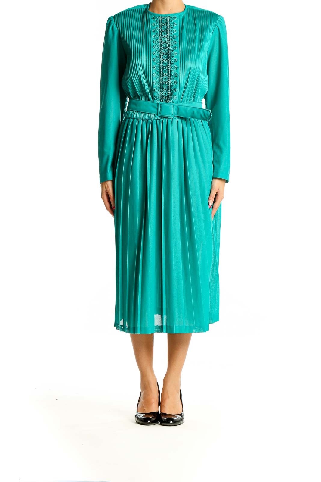 Front view of teal Jennifer Gee pleated midi dress with lace bodice and belt