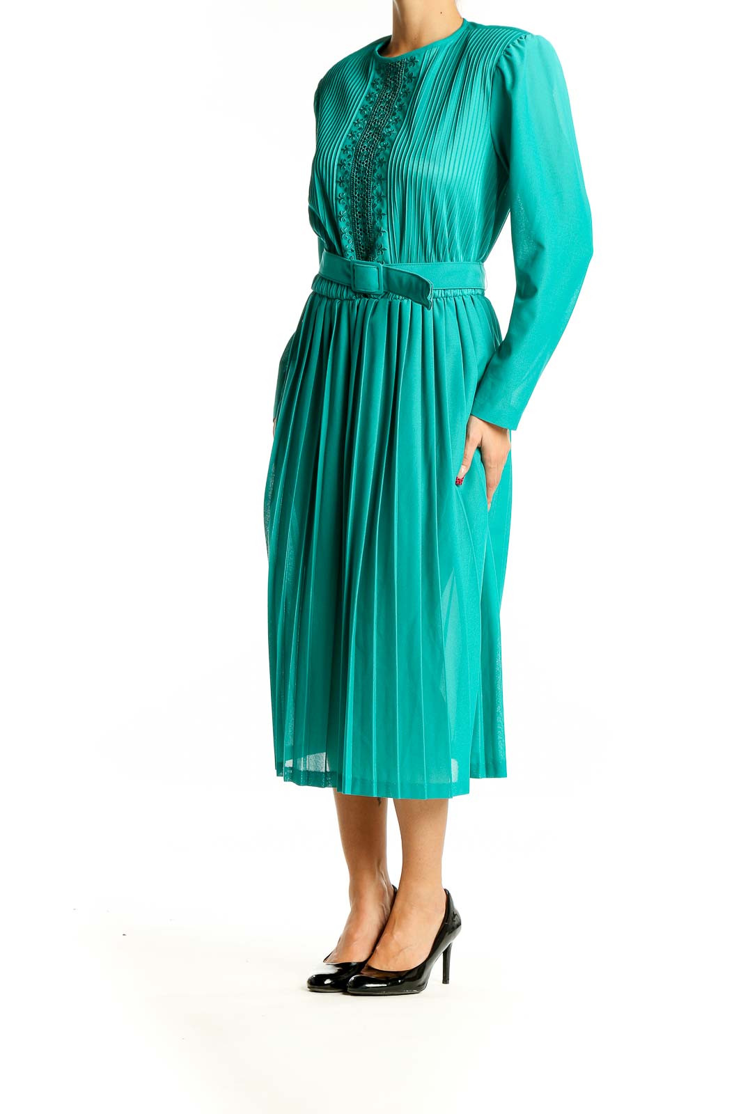 Front view of teal Jennifer Gee pleated midi dress with lace bodice and belt