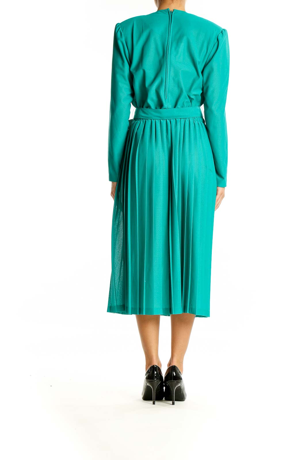 Back view of teal Jennifer Gee pleated midi dress showing zipper closure