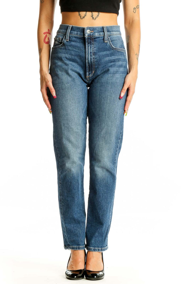 Front view of Joe's blue straight leg jeans on model