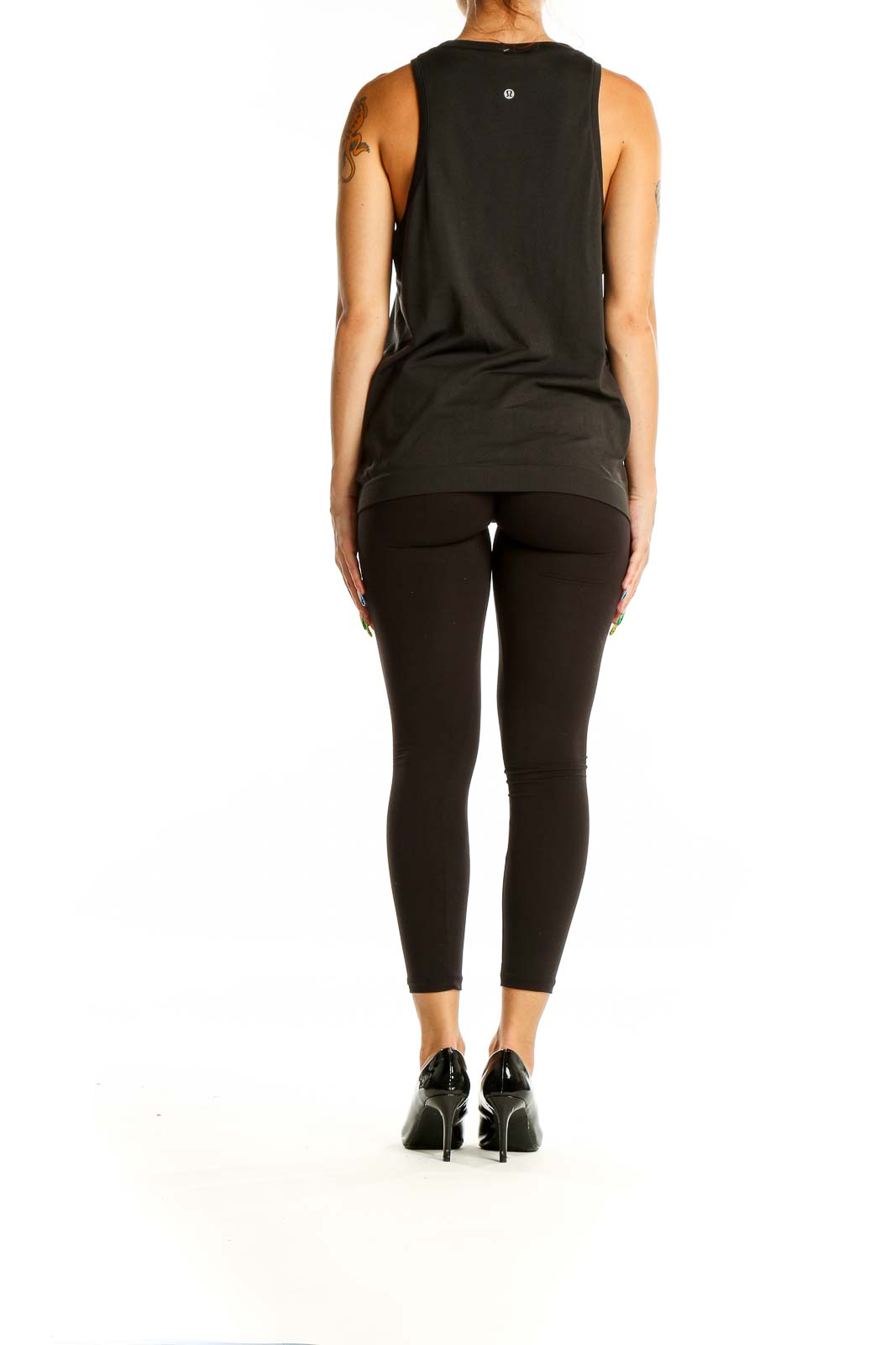 Back view of black Lululemon x Peloton sleeveless tank top