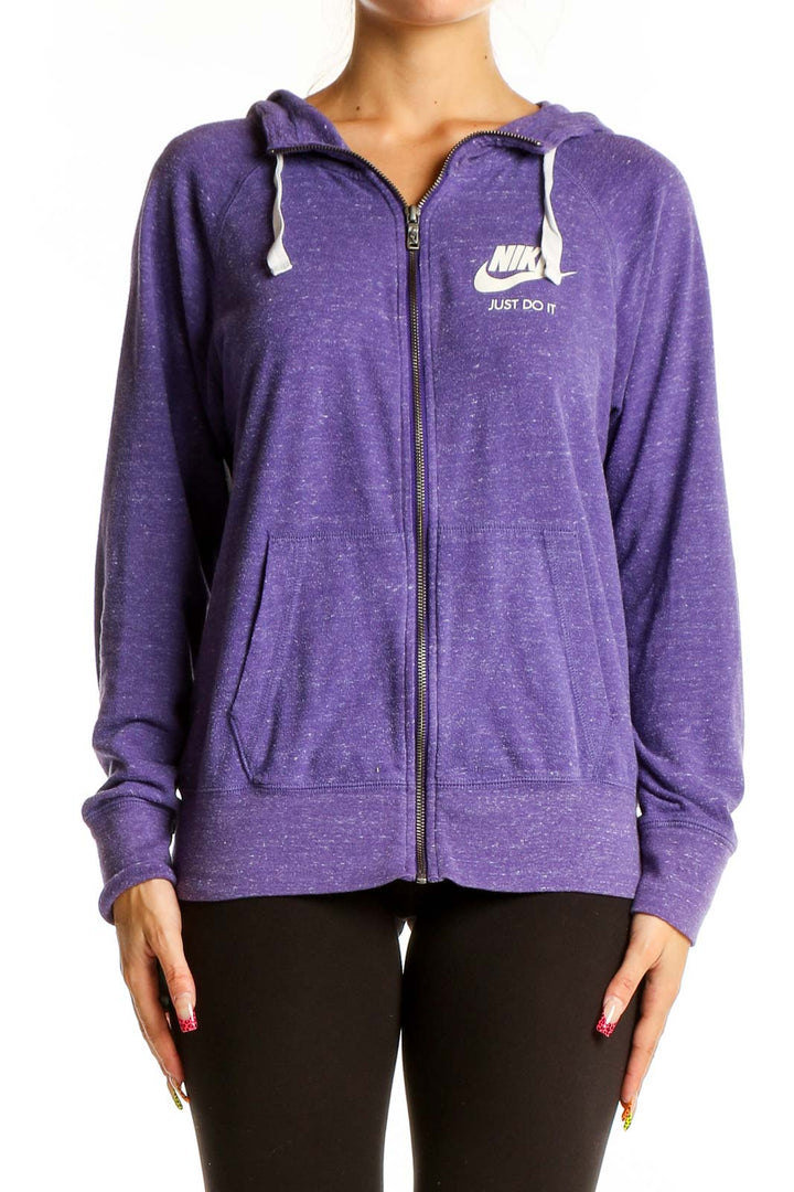 Front view of purple Nike zip-up hoodie with 'Just Do It' slogan