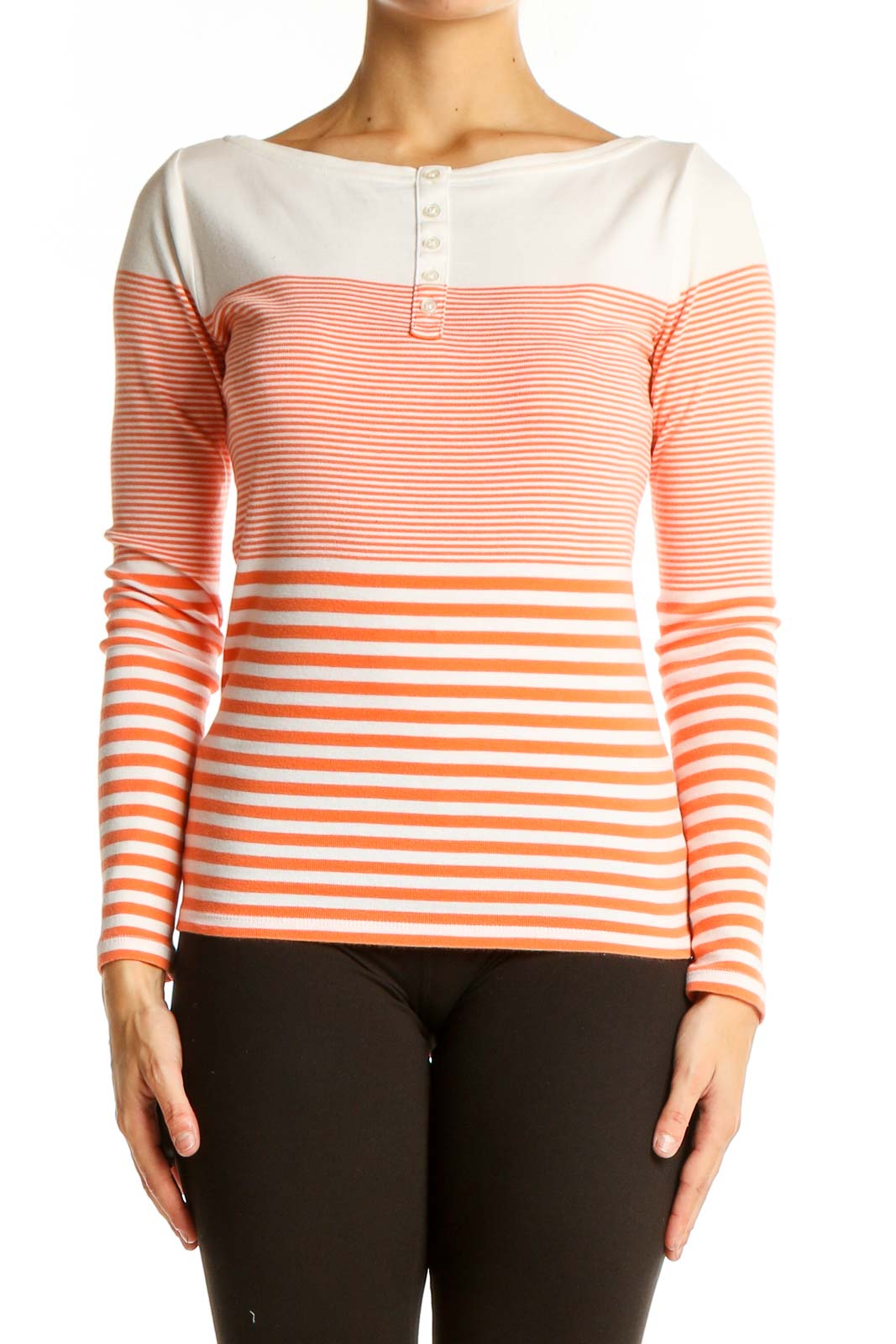 Front view of Ann Taylor orange and white striped long sleeve cotton top with henley neckline