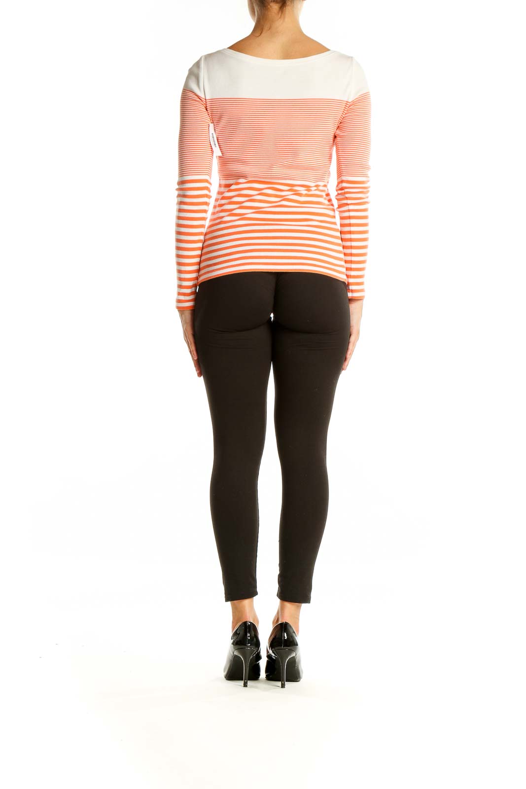 Back view of Ann Taylor orange and white striped long sleeve cotton top showing color-block design