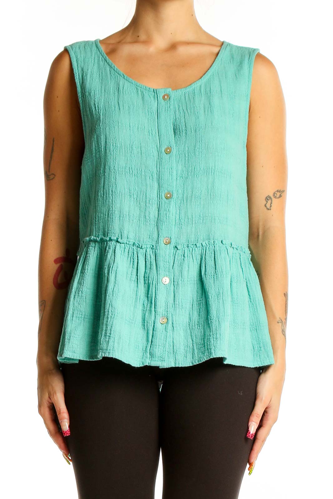 Front view of mint Sigrid Olsen button-front peplum tank top