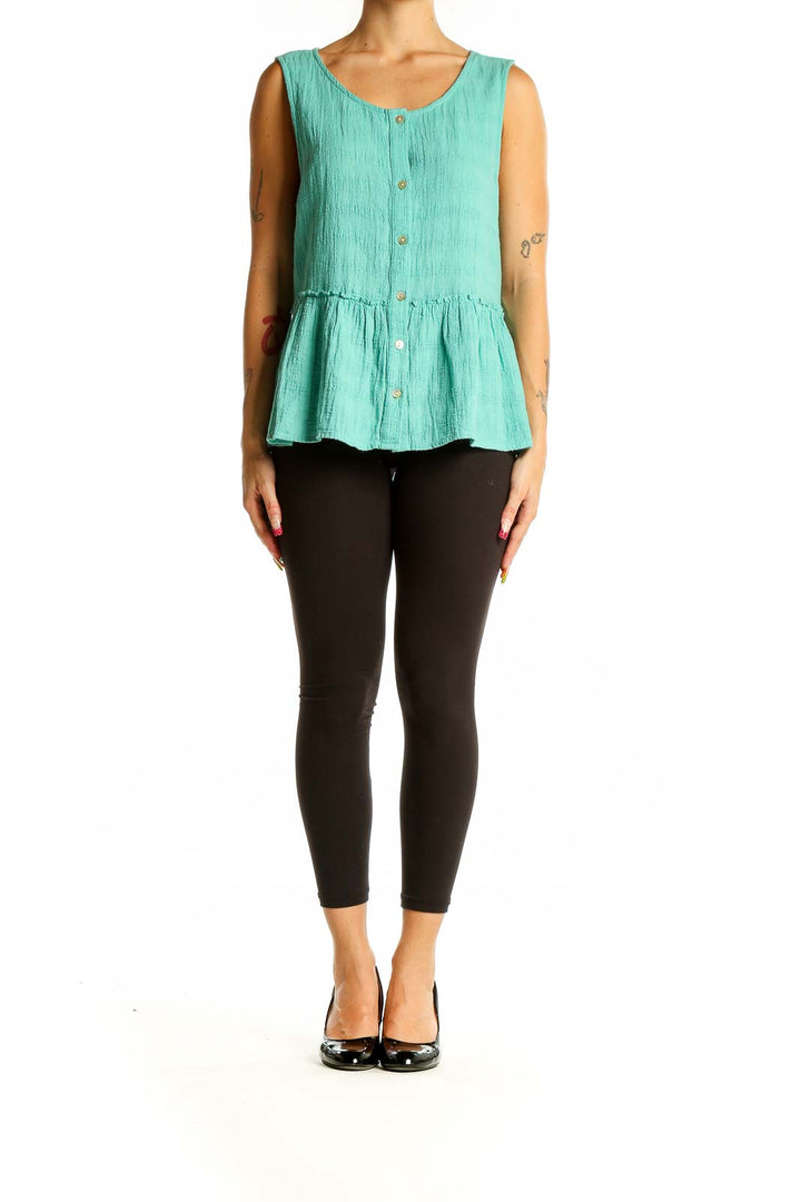 Front view of mint Sigrid Olsen button-front peplum tank top