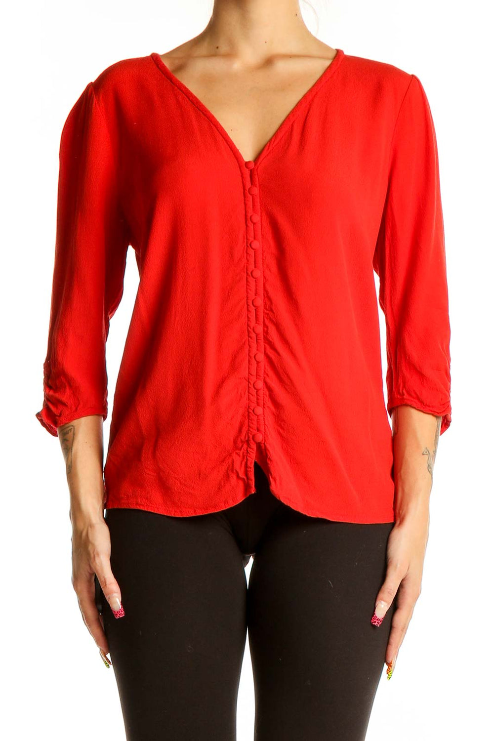 Front view of red Boden viscose blouse with V-neck and button-front closure