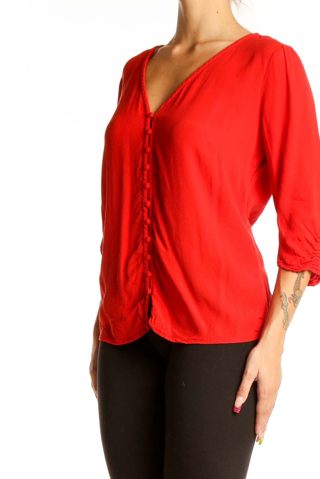 Front view of red Boden viscose blouse with V-neck and button-front closure