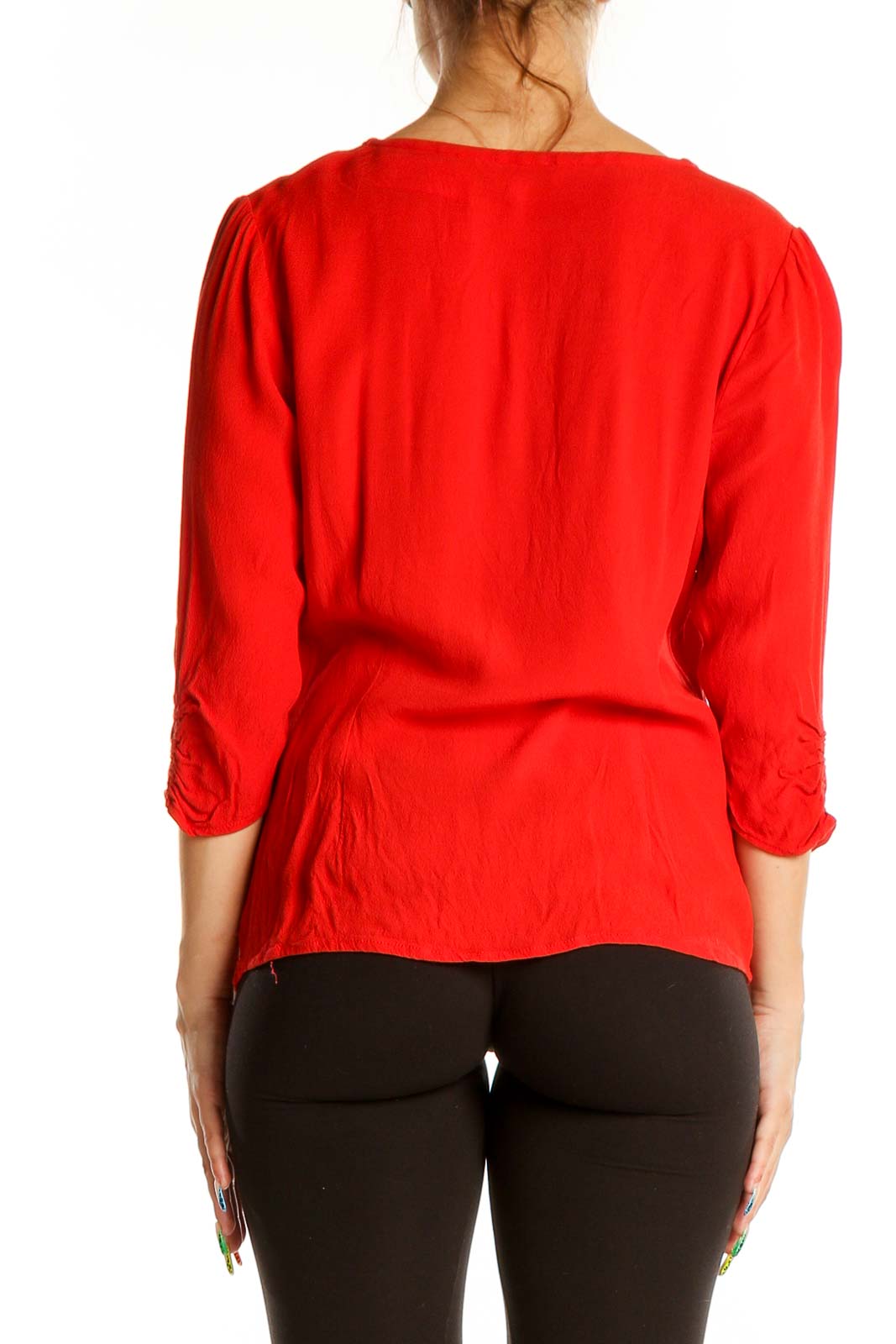 Back view of red Boden viscose blouse showing relaxed fit and 3/4 length sleeves