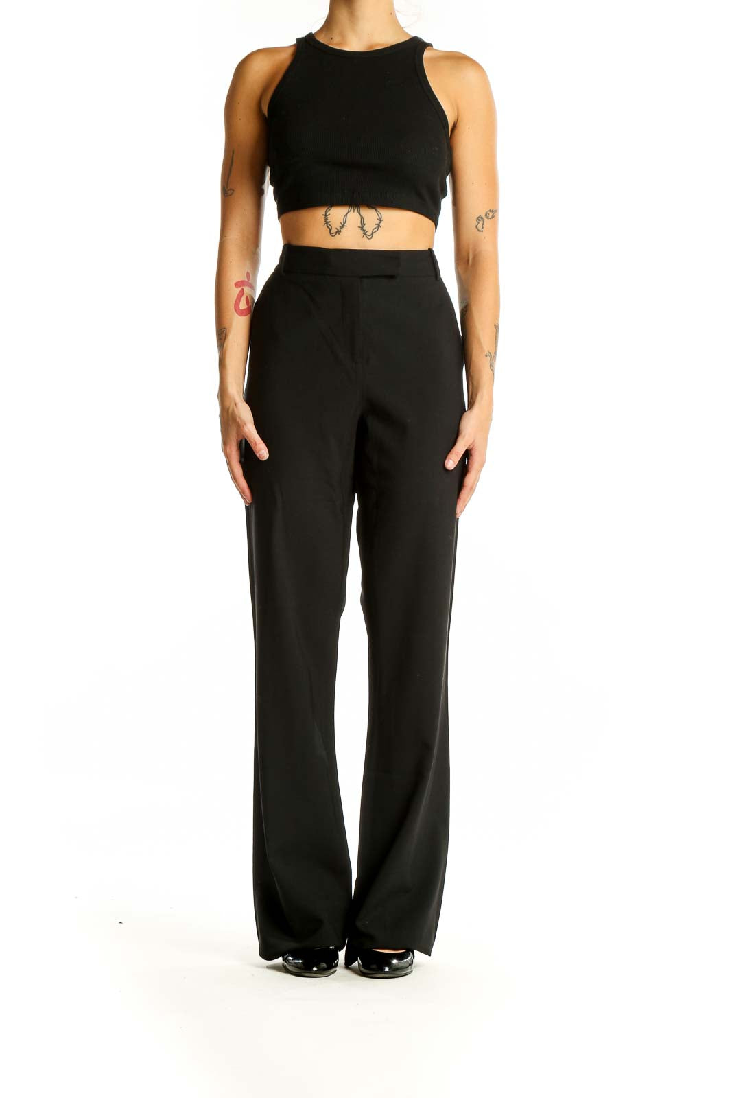 Front view of Diane von Furstenberg black wide-leg trousers