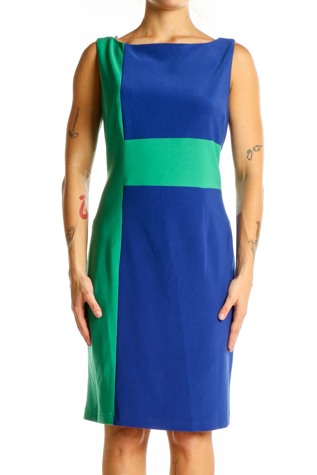 Front view of Adrianna Papell blue and green color block sheath dress