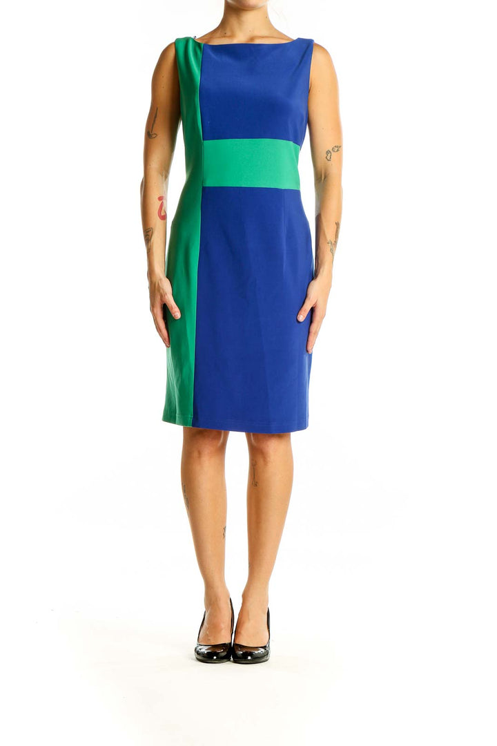 Front view of Adrianna Papell blue and green color block sheath dress