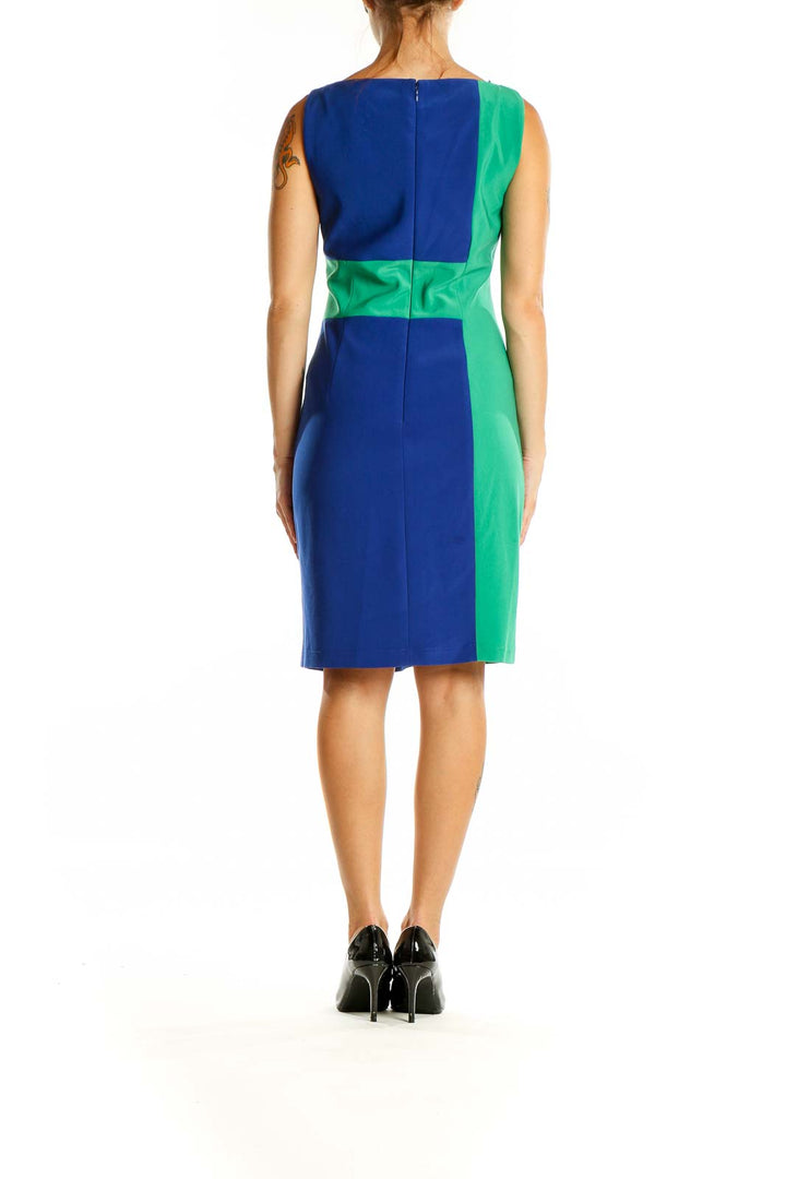 Back view of Adrianna Papell blue and green color block sheath dress