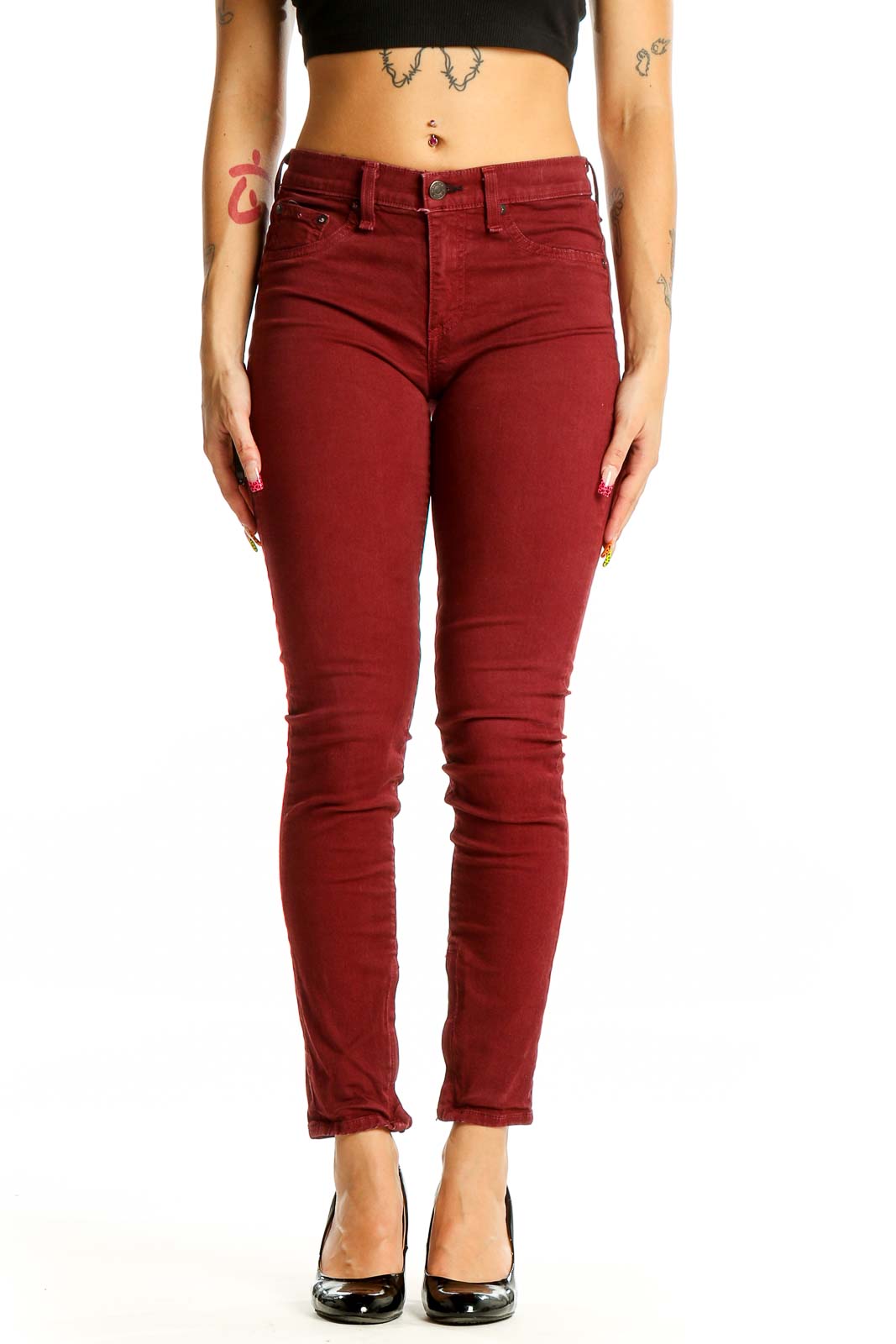 Front view of Rag & Bone burgundy slim-fit denim jeans on model