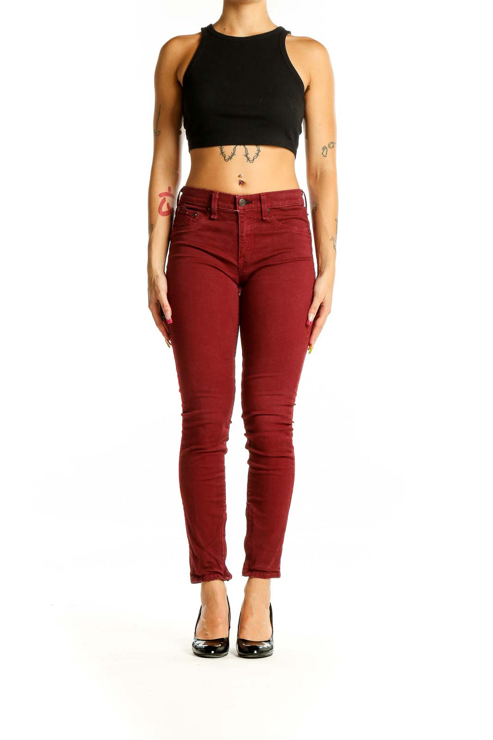 Front view of Rag & Bone burgundy slim-fit denim jeans on model